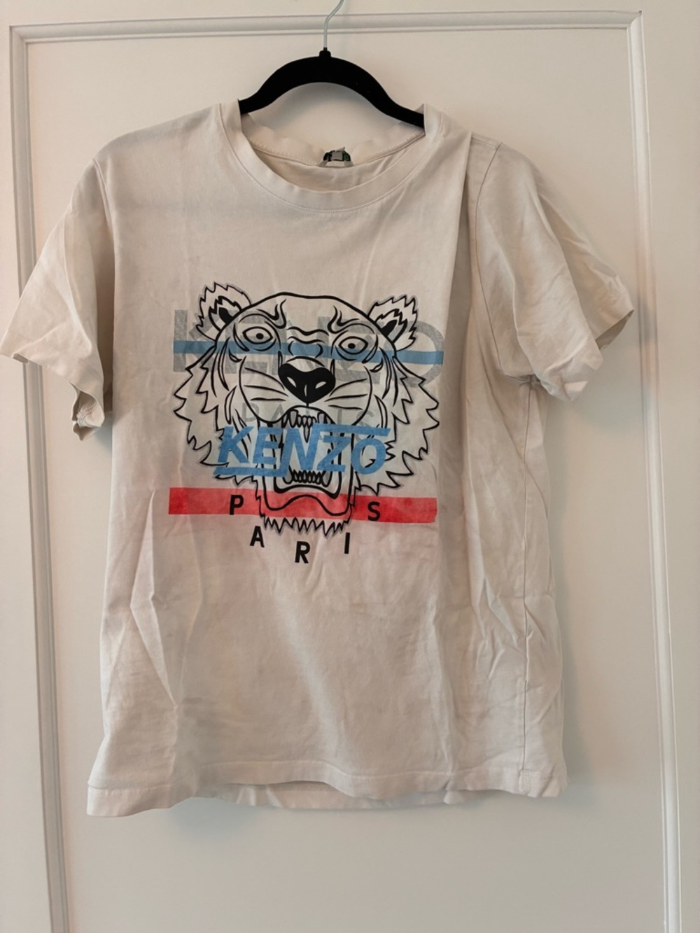 Kenzo White Short-Sleeve Tiger Tee with Blue & Red Stripes